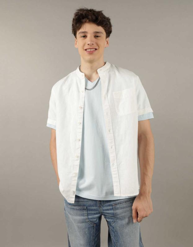 AE Short-Sleeve Band Collar Linen Button-Up Shirt - White, XXL 