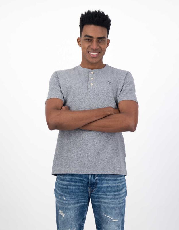AE Short-Sleeve Henley Icon T-Shirt - Heather Gray, M 