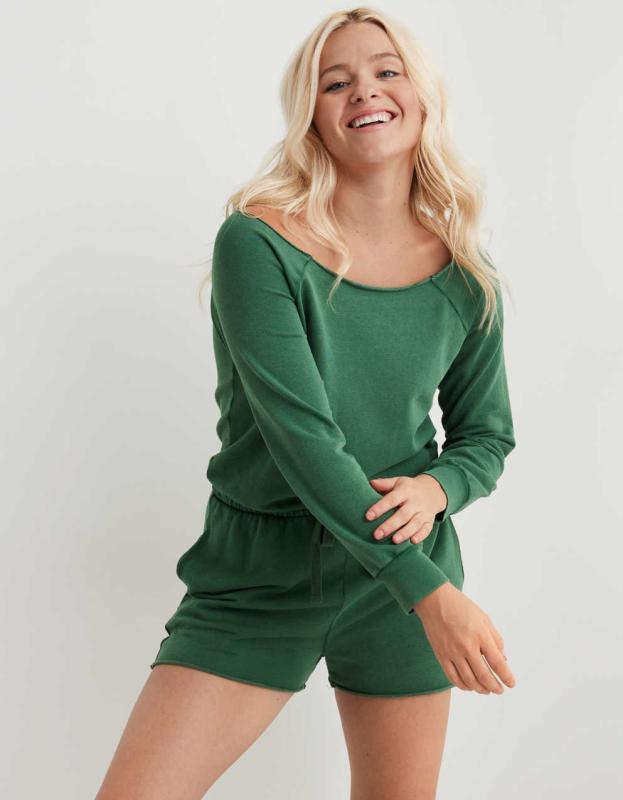 Aerie Fleece Long Sleeve Romper - Dark Algae, S 