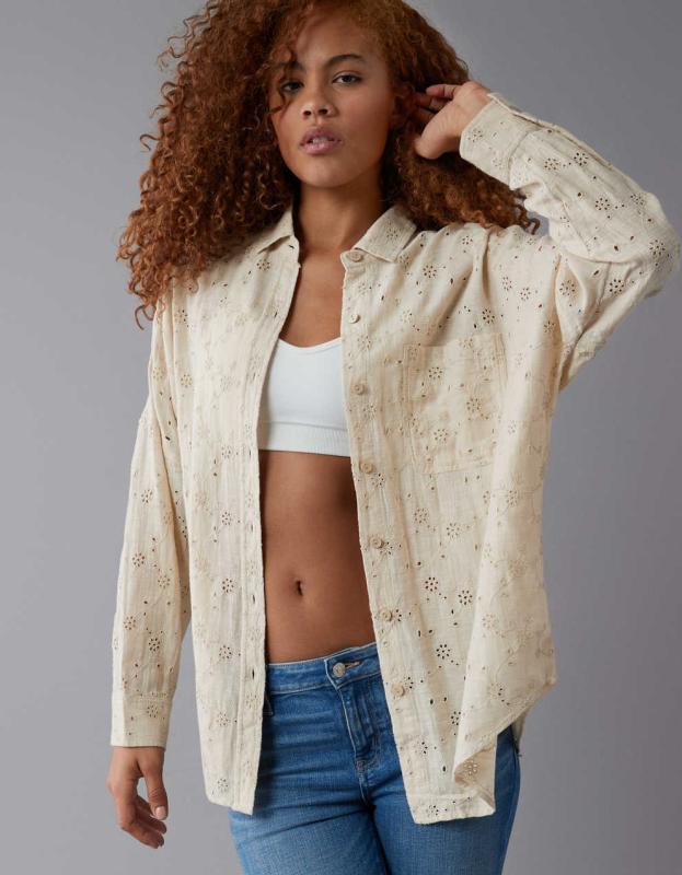 AE Eyelet Embroidered Go Big Shirt - Tan, L 