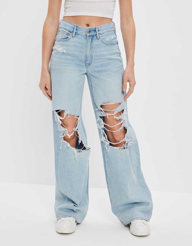 AE Dreamy Drape Ripped Super High-Waisted Baggy Wide-Leg Jean - Light Super Bleach, 12 