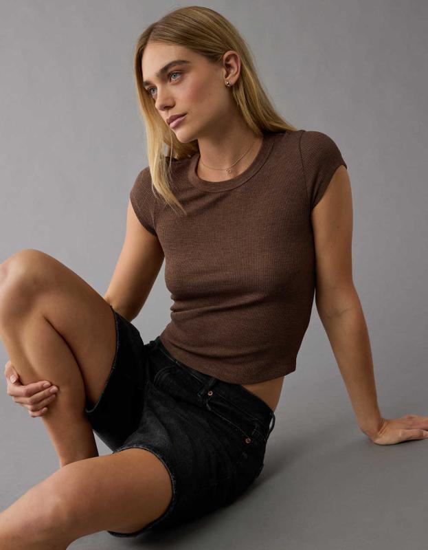 AE Hey Baby Waffle T-Shirt - Brown, XS 