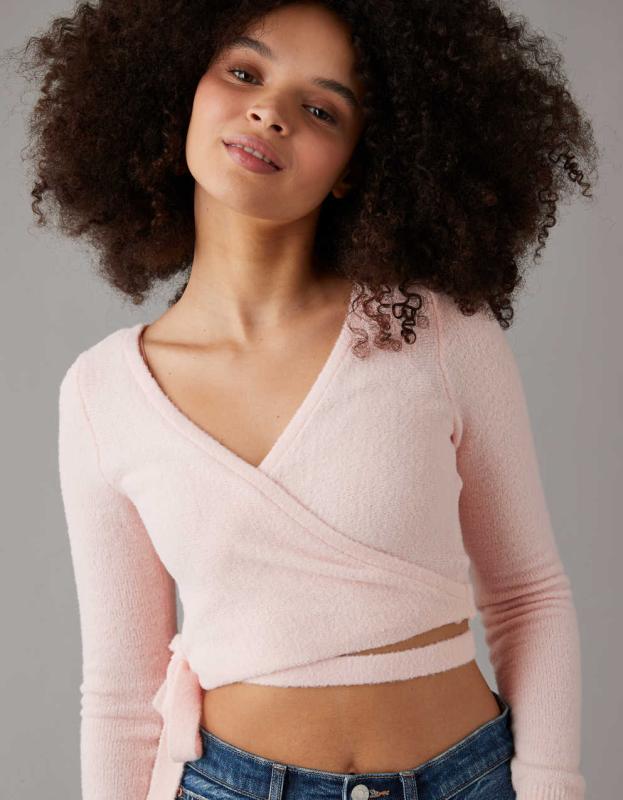 AE Cropped Ballet Wrap Cardigan - Pink, XL 