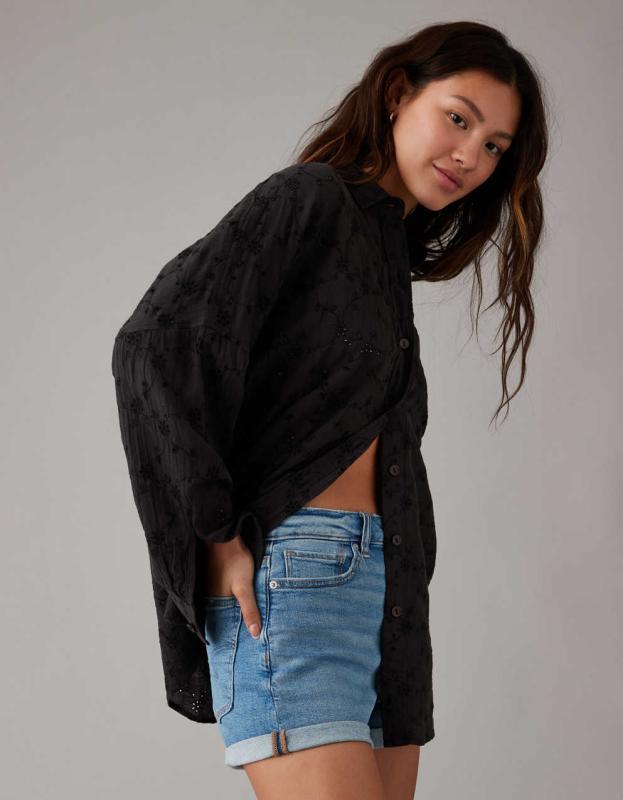 AE Eyelet Embroidered Go Big Shirt - Black, XS 