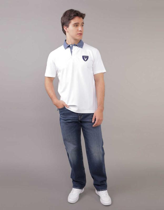 AE Flex Pique Rugby Polo Shirt - White, L 