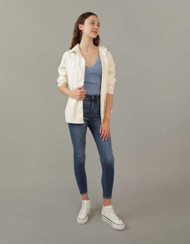 AE Go Big Oversized Denim Shirt - Cream, M 