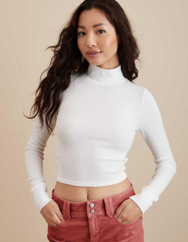 AE Long-Sleeve Cropped Hey Baby Mock Neck Tee - White, XXS 