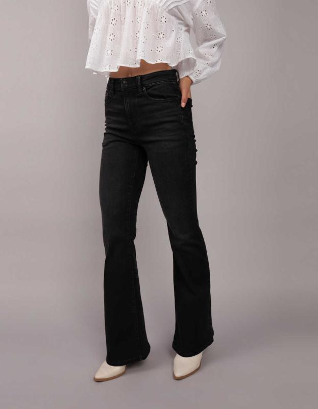 AE Next Level Super High-Waisted Flare Jean - Black Wash, 10 
