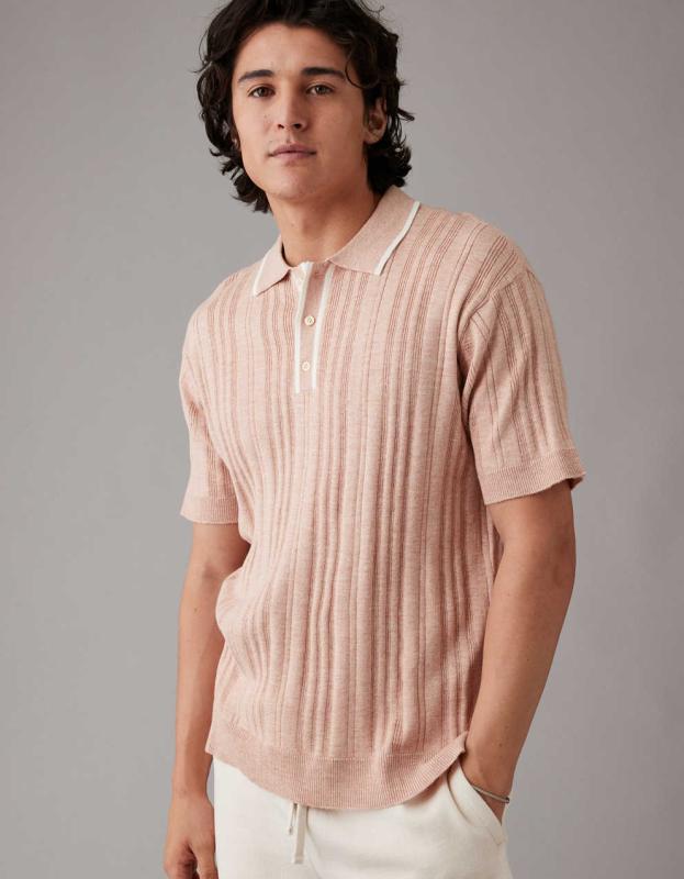 AE Weekend Tipped Sweater Polo Shirt - Ballet Pink, L 