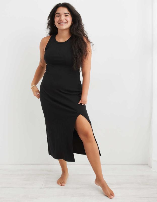 Aerie Open Back Midi Dress - True Black, XXS 