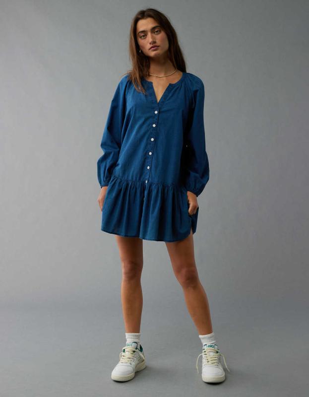 AE Drop Waist Shirt Mini Dress - Medium Wash, XS 