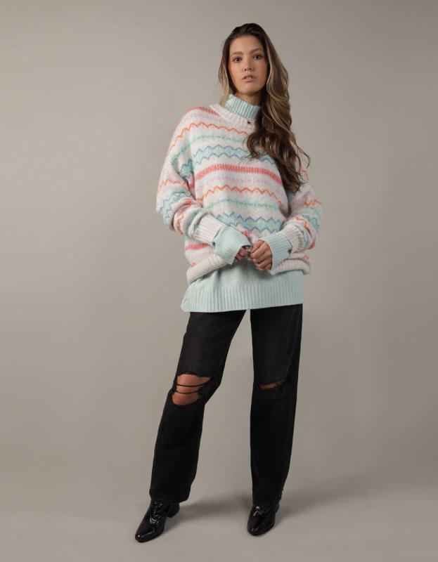 AE Oversized Fair Isle Crewneck Sweater - White, M 