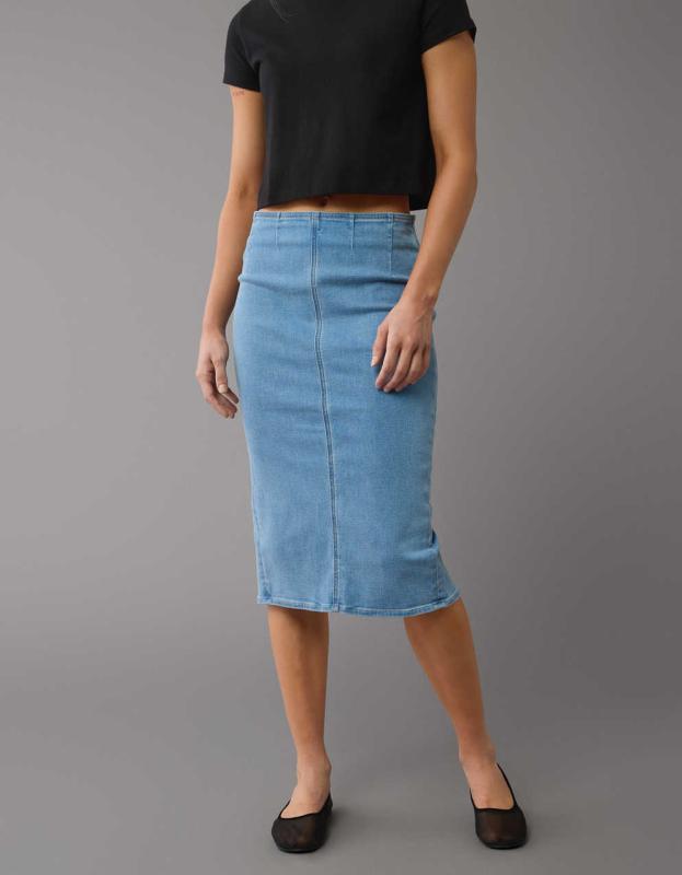 AE Next Level Highest Waist Denim Midi Skirt - Light Wash, 6 