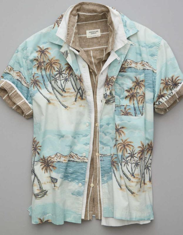 AE Tropical Button-Up Poolside Shirt - Teal, XXL 