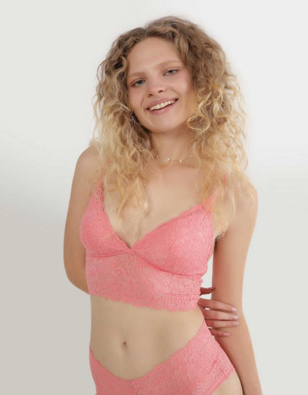 Show Off Eyelash Lace Padded Push Up Triangle Bralette - Strawberry Mist, L 