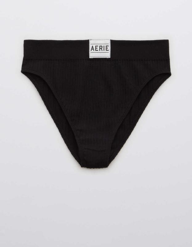 Aerie Seamless Logo High Waisted Mom Underwear - True Black, S 