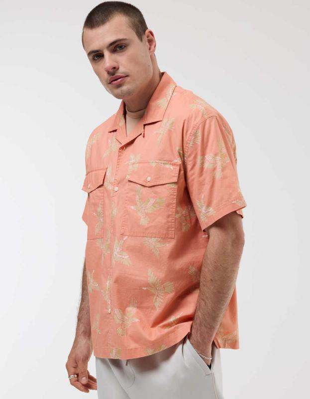 AE 24/7 Stretch Printed Button-Up Poolside Shirt - Coral Sun, M 