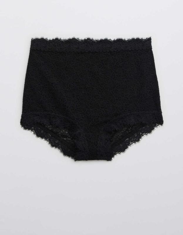 Show Off Eyelash Lace High Waisted Boybrief Underwear - True Black, S 