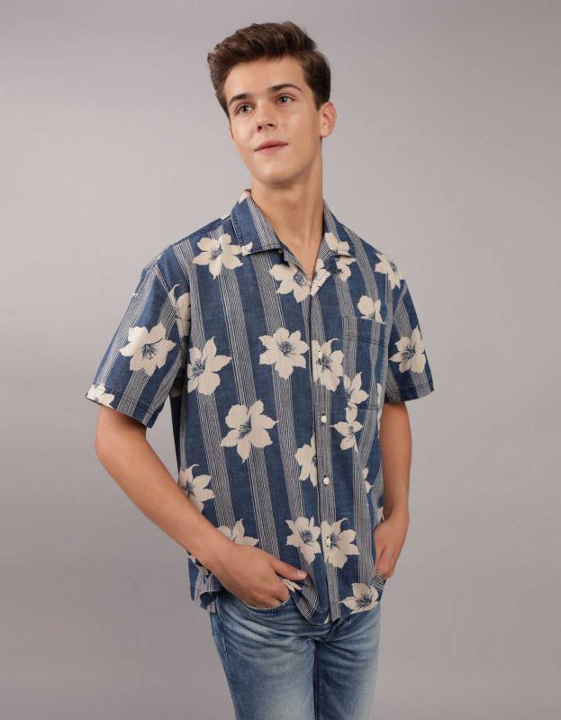 AE Printed Button-Up Poolside Shirt - Blue, L 