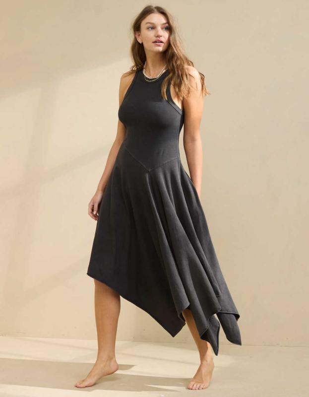 Aerie Tank Asymmetric Midi Dress - Smoked Gray, XXS 