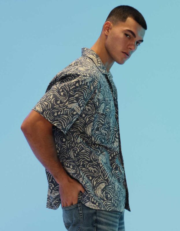 AE 24/7 Stretch Printed Button-Up Poolside Shirt - Skylight, XL 