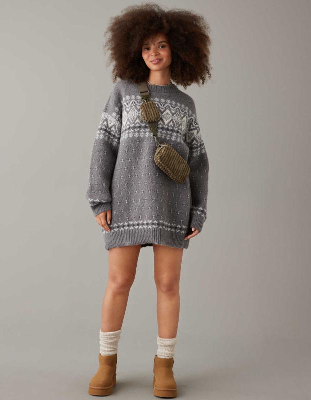 AE Crewneck Holiday Sweater Dress - Grey, M 