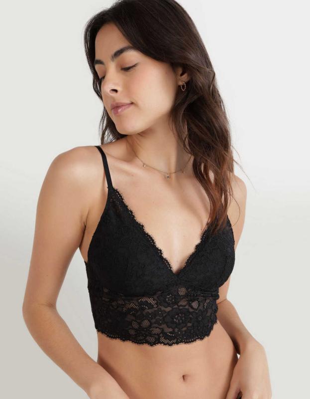Show Off Eyelash Lace Padded Push Up Triangle Bralette - True Black, L 