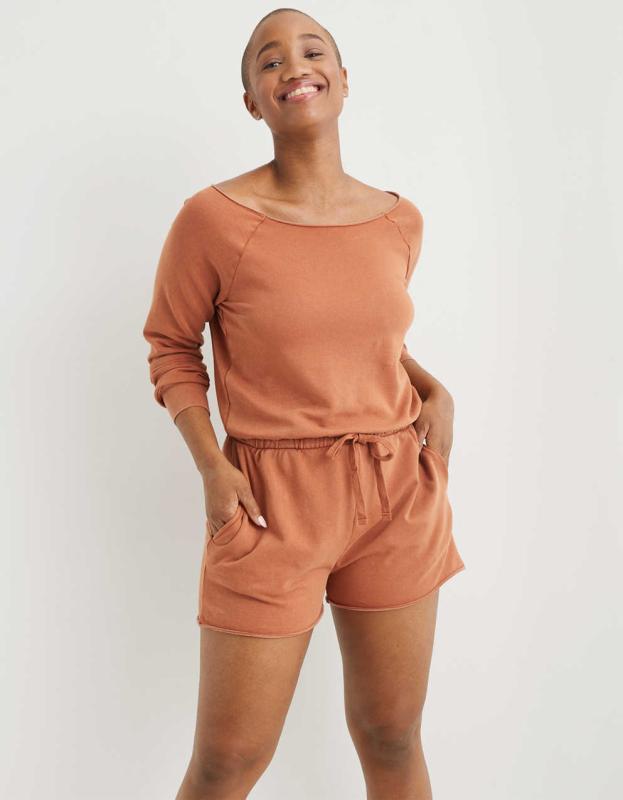 Aerie Fleece Long Sleeve Romper - Jupiter Brown, XS 