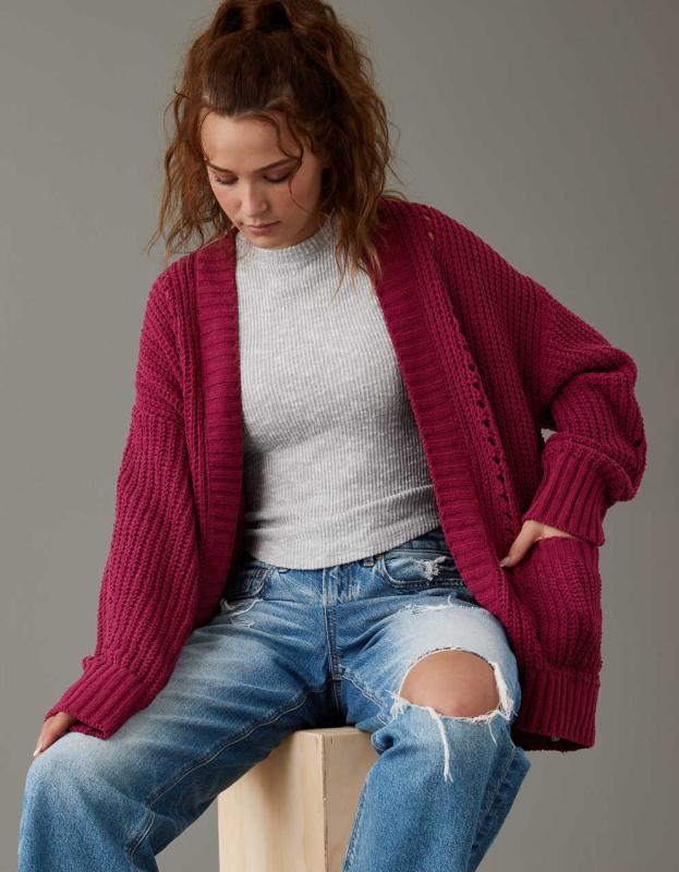 AE Slouchy Chenille Cardigan - Maroon, M 