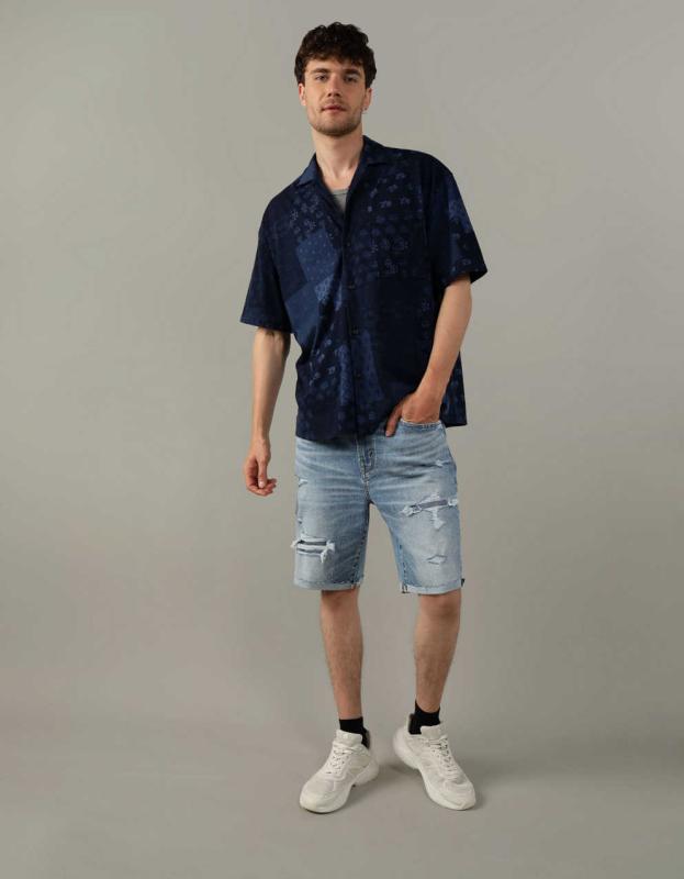 AE Button-Up Knit Shirt - Deep Navy, S 