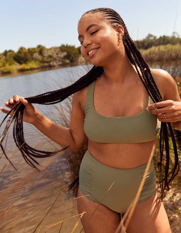 Aerie Wide Strap Scoop Bikini Top - Olive Fun, L 