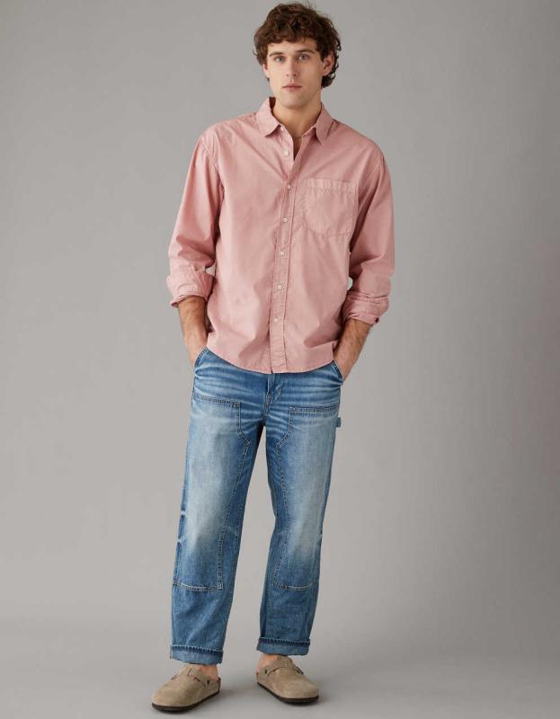 AE Everyday Poplin Button-Up Shirt - Pink, L 