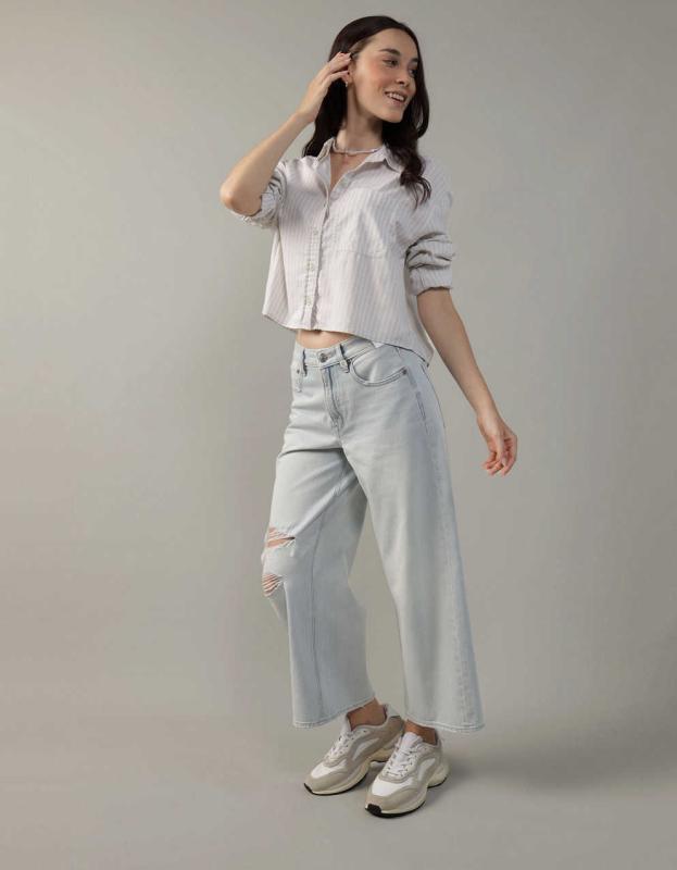 AE Cropped Button Up Shirt - Khaki, XS 