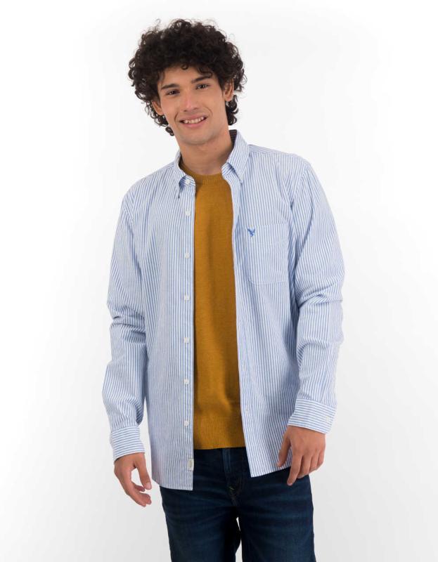 AE Striped Slim Fit Oxford Button-Up Shirt - Light Blue, S 