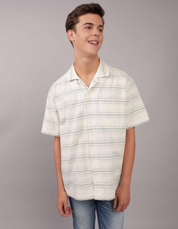 AE Striped Button-Up Poolside Shirt - Pebble, S 