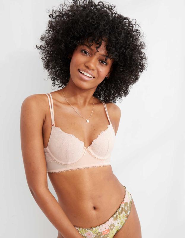 Aerie Real Power Plunge Push Up Sunflower Lace Bra - Cheeky Peach, 70D 