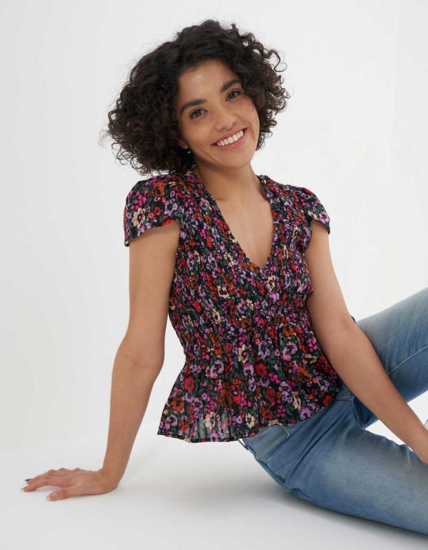 AE V-Neck Smocked Babydoll Blouse - Multi, XS 