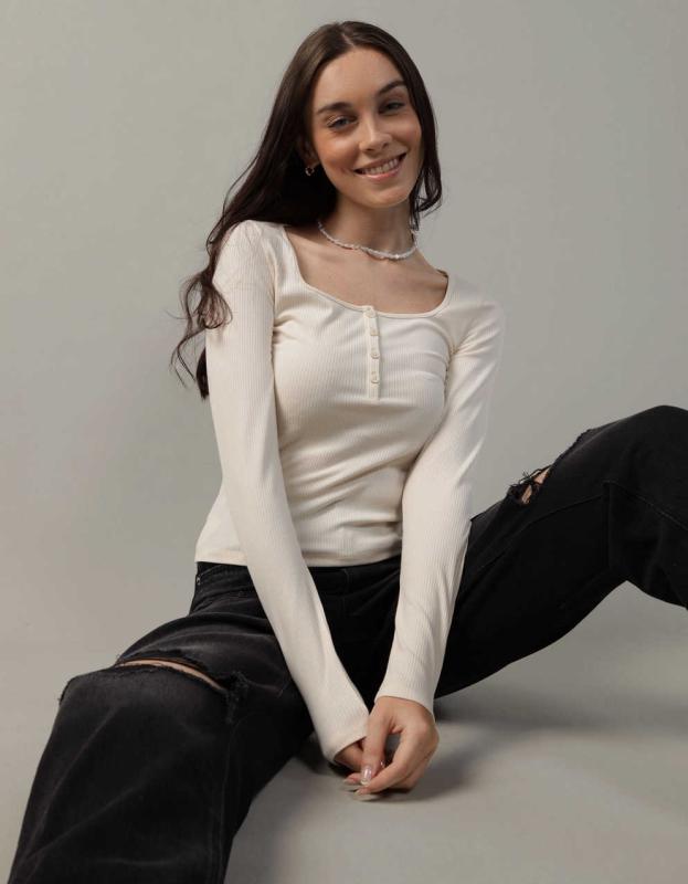 AE Long Sleeve Henley Bodysuit - Cream, XXS 