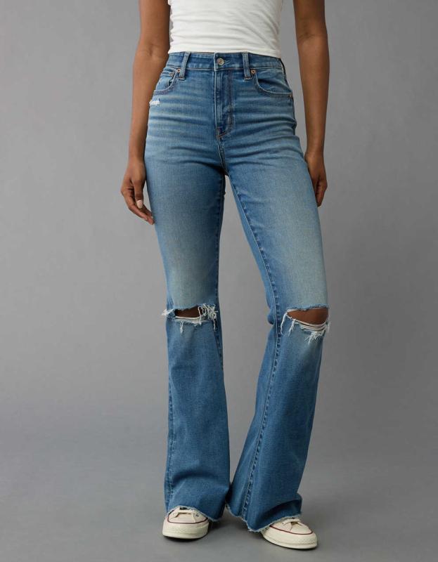 AE Next Level Super High-Waisted Ripped Flare Jean - Tinted Medium, 10 