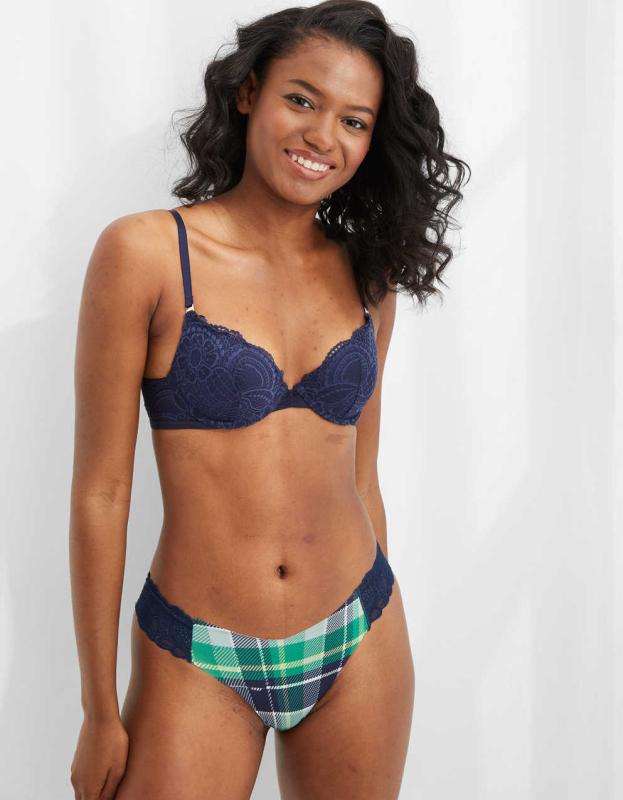 Aerie No Show Holiday Best Lace Thong Underwear - Navy, M 