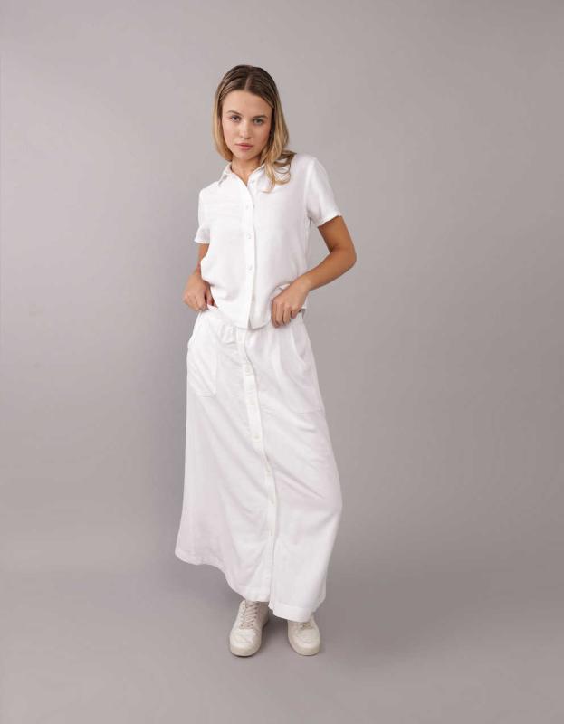AE Button Front Midi Skirt - White, S 