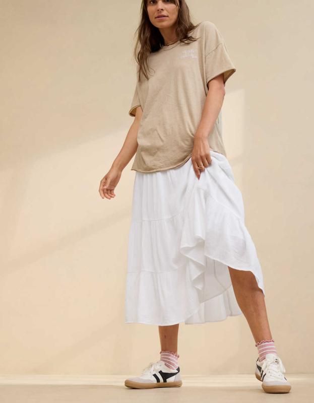 Aerie Beach Club Tiered Maxi Skirt - White, L 