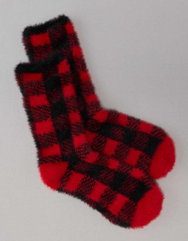 AE Fuzzy Buffalo Plaid Socks - Multi, One Size 