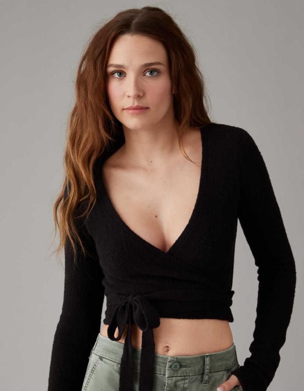 AE Cropped Ballet Wrap Cardigan - Black, L 