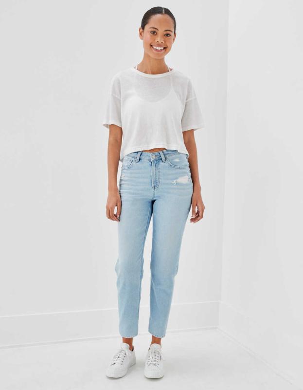 AE Stretch High V-Rise Mom Jean - Authentic Light, 6 