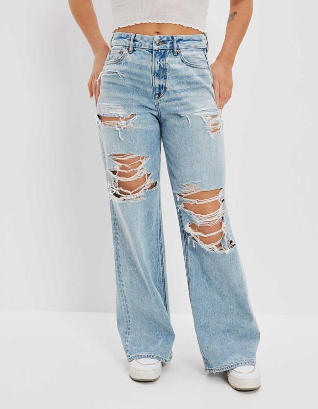 AE Strigid Ripped Curvy Super High-Waisted Baggy Wide-Leg Jean - Light Vintage, 10 