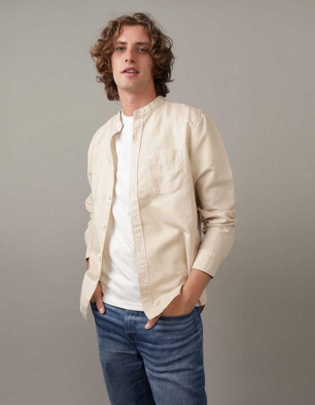 AE Band Collar Linen-Blend Button-Up Shirt - Khaki, XXL 