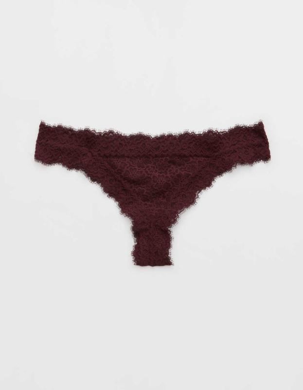 Aerie Eyelash Lace Thong Underwear - Deep Plum, L 