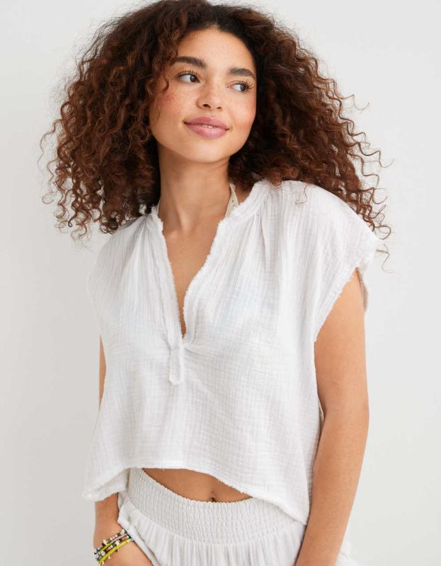 Aerie Pool-To-Party Cropped Shirt - White, L 