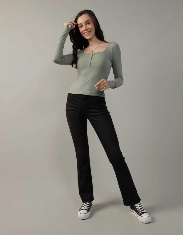 AE Long Sleeve Henley Bodysuit - Olive, S 